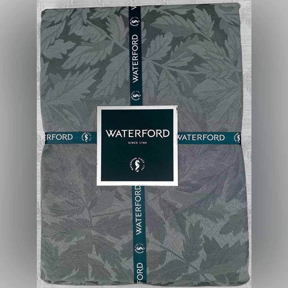 NEW WATERFORD TABLECLOTH 70 X 84 CRYSTAL CO. LUXURY SOFT BLUE GRAY LEAVES MOTIF